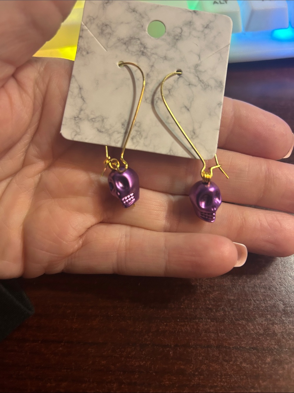 Gold Hook Earrings with Purple Skull Charms - Women Jewelry